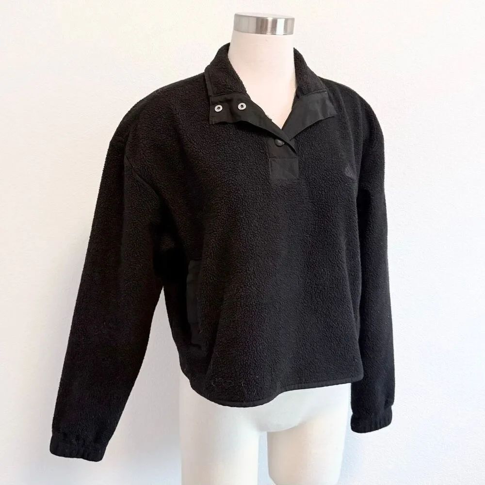 Adidas Athletic Cropped Black Sherpa Fleece Button Jacket Sweatshirt L